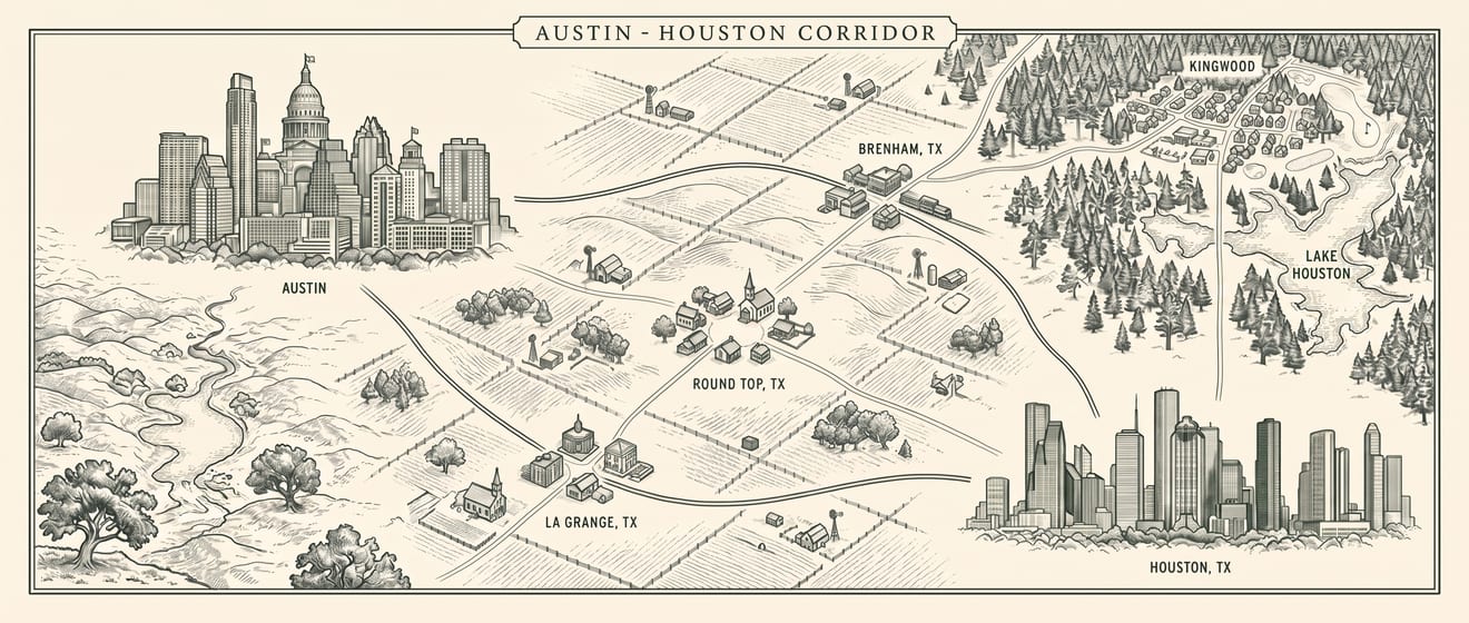 Hand-drawn map of the corridor between Austin and Houston, with Lake Houston and Kingwood at the eastern end.